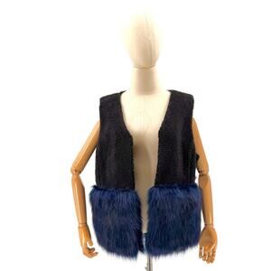 Saks Fifth Avenue Black Blue Sherpa Faux Fur Open Front Vest